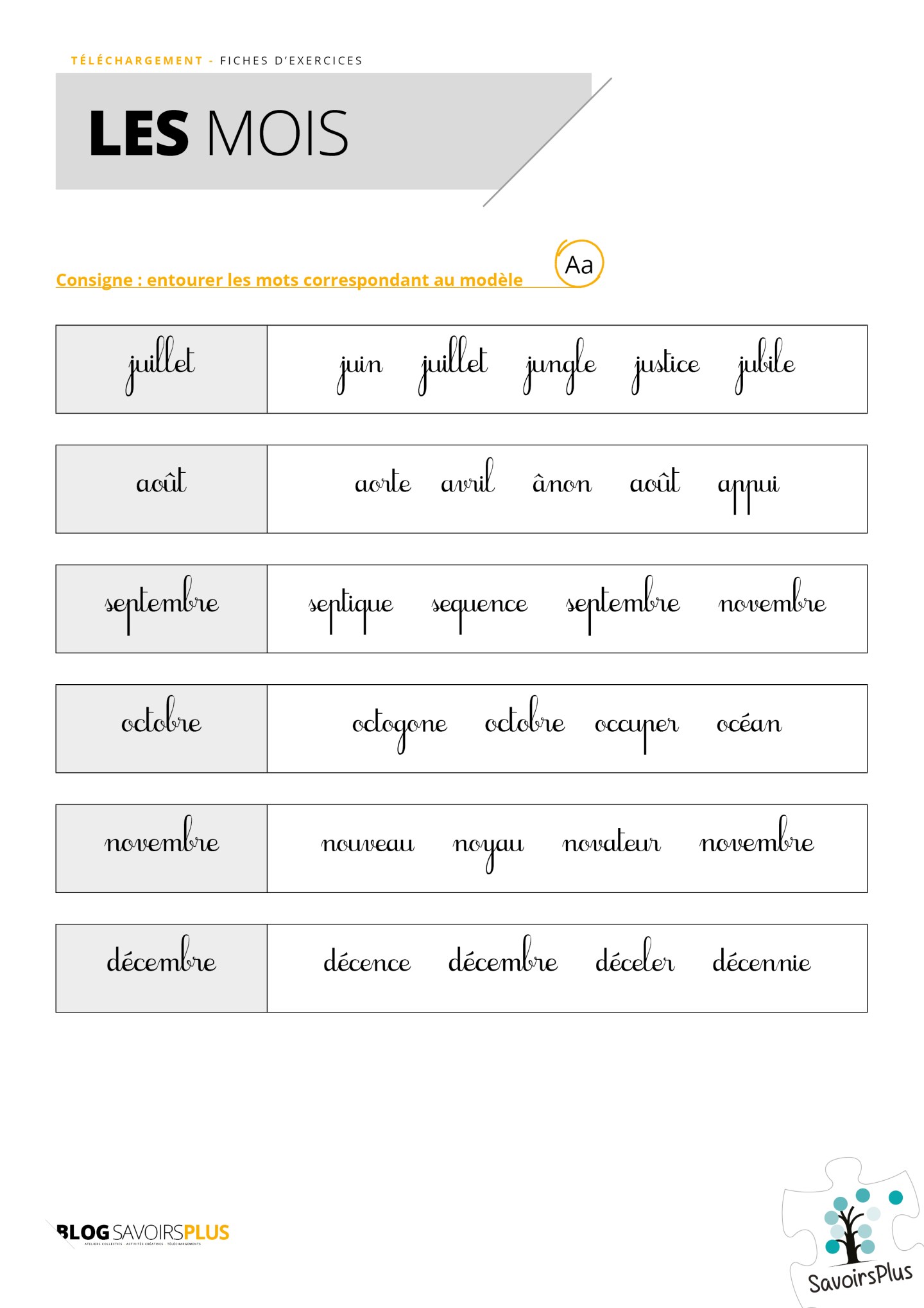 LES DOCS – Les mois : Les fiches d’exercices – Le blog SavoirsPlus
